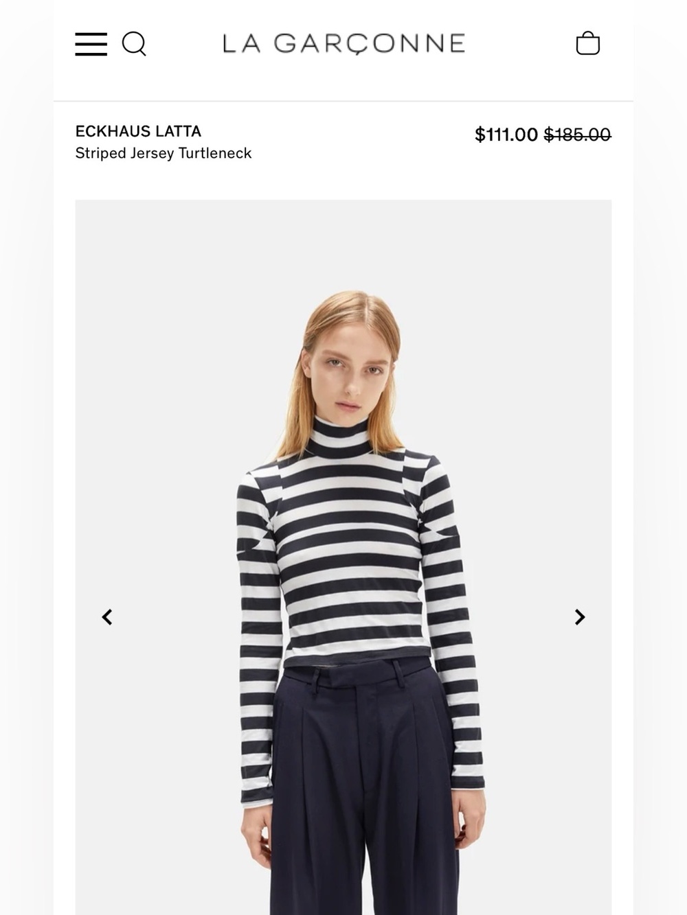 Eckhaus Latta 
 Black and white striped jersey mock neck top